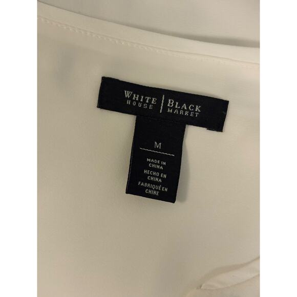 WHITE HOUSE BLACK MARKET Blouse | Chiffon Embroidered White Blue Silver | MEDIUM - Picture 6 of 7